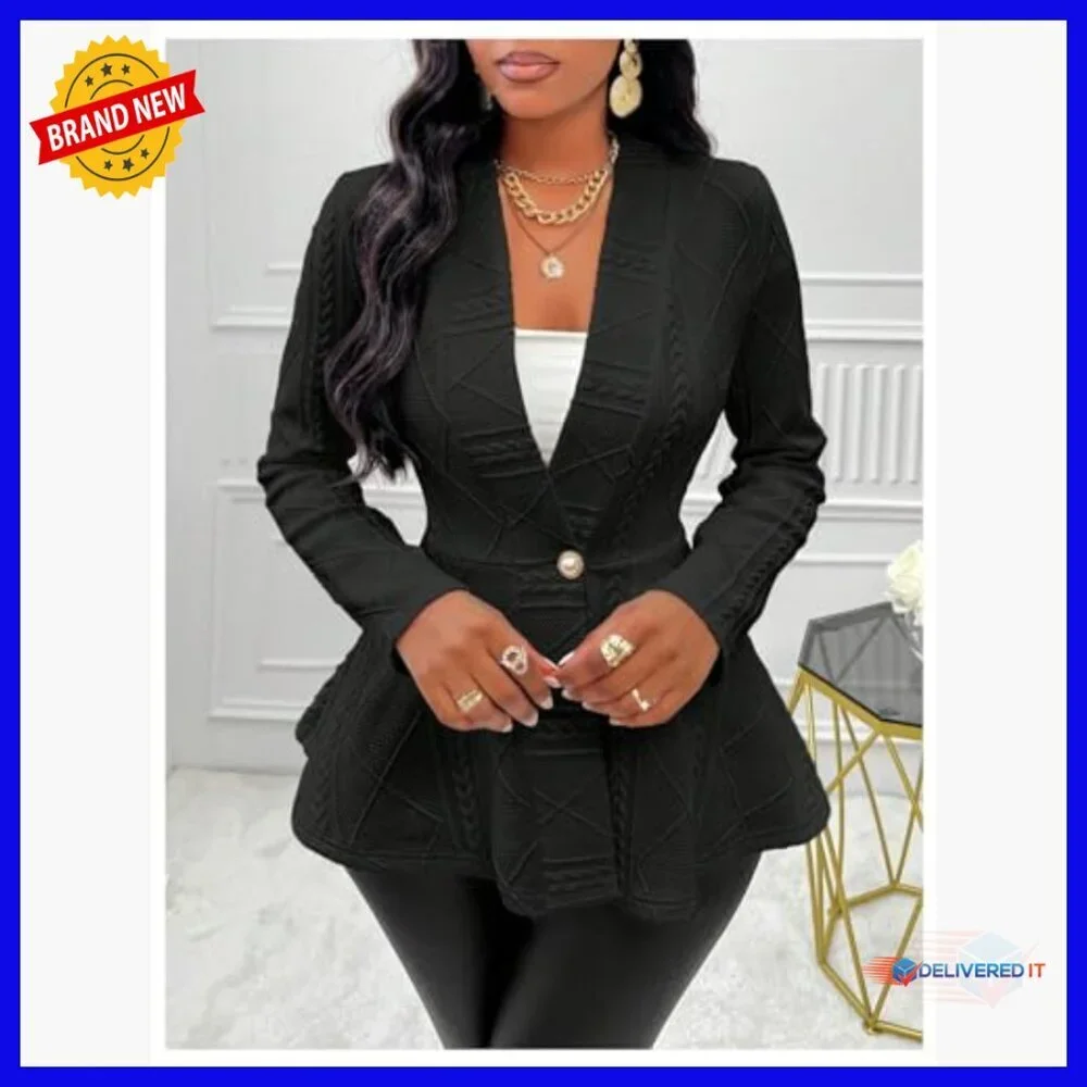 Peplum Blazer Jacket Textured Button Front Long Sleeve Business Casual